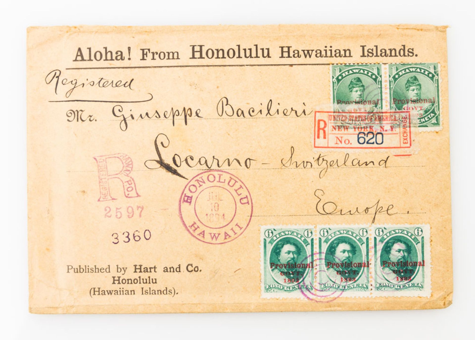 Briefmarken - 1894, Hawaii - Einschreibebrief mit 2 x 1 C und Dreierstreifen der 6 C - Scott 55 (2),