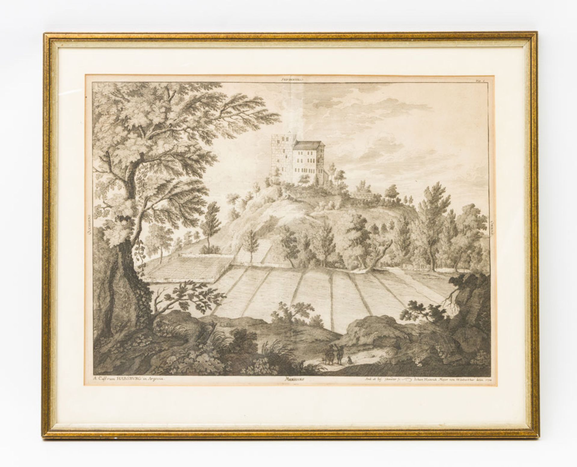 Kupferstich von Schloss Habsburg im Aargau - "Castrum Habsburg in Argovia - Meridies". Original 1734