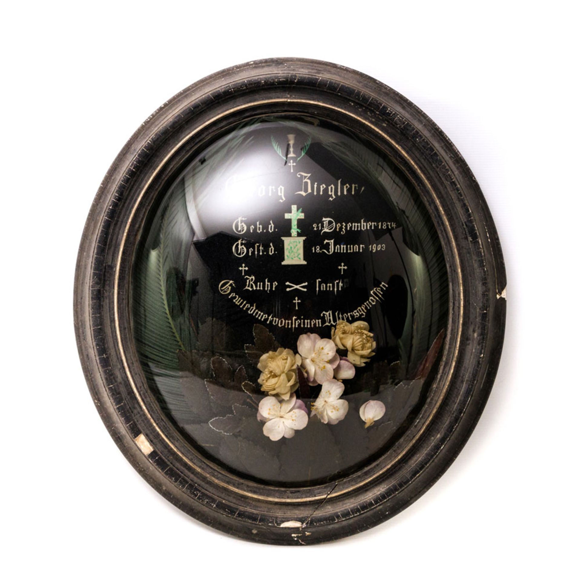 Großes Andenkenbild, Anfang 20. Jh. - Ovales Gedenkbild im Holzrahmen hinter Glas mit eingelegtem