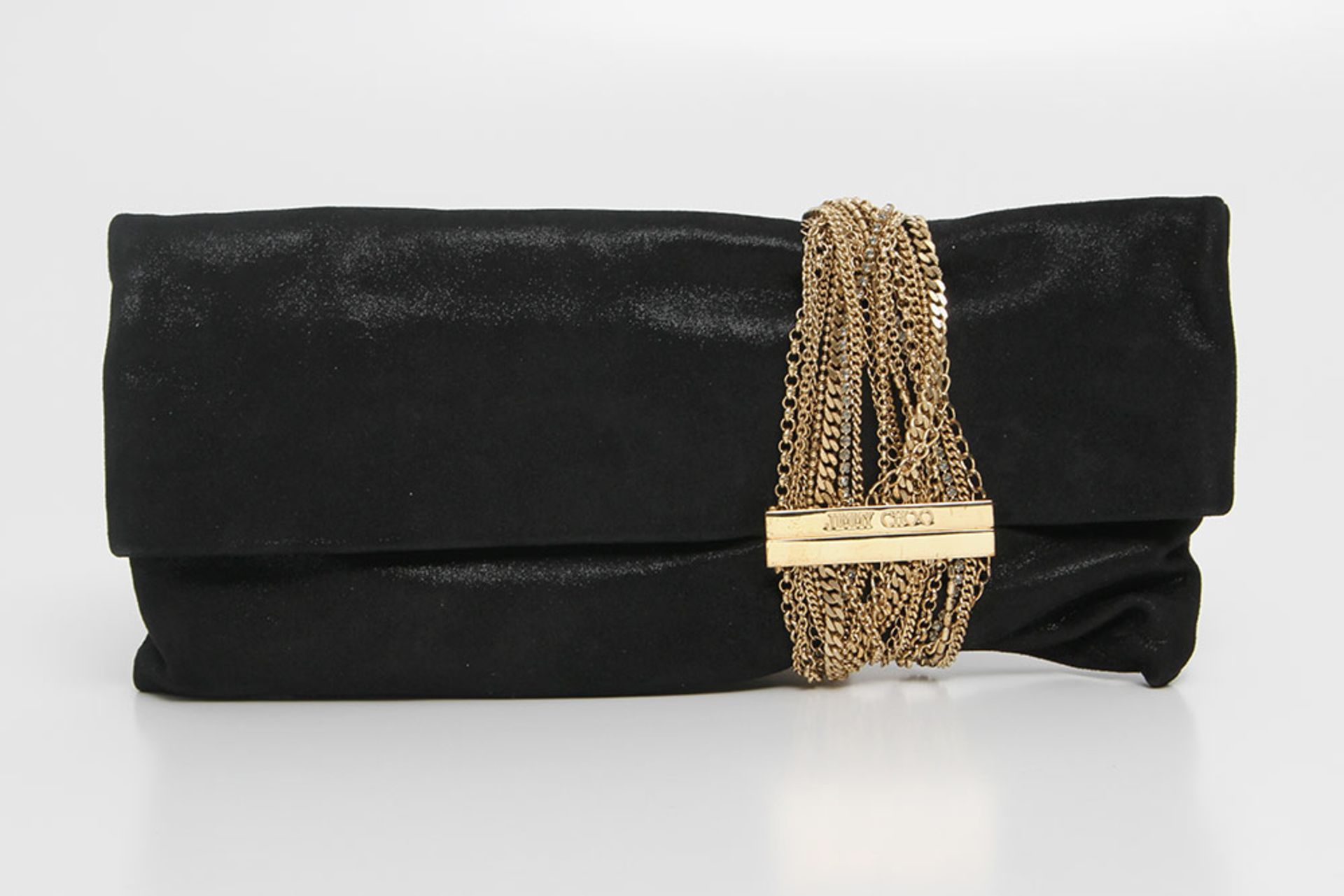 JIMMY CHOO edle Clutch. NP. ca. 800,-. Schwarzes Veloursleder mit Glanzeffekt, Überschlag mit