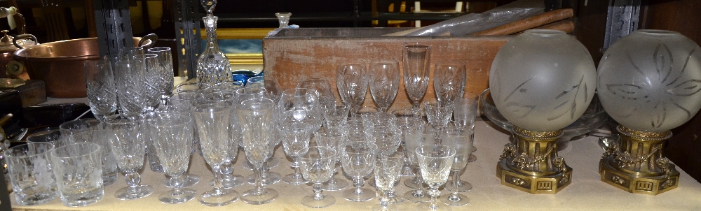 Part suite of table glass with gilt rims, and a quantity of cut and other glassware. (Two Shelves)