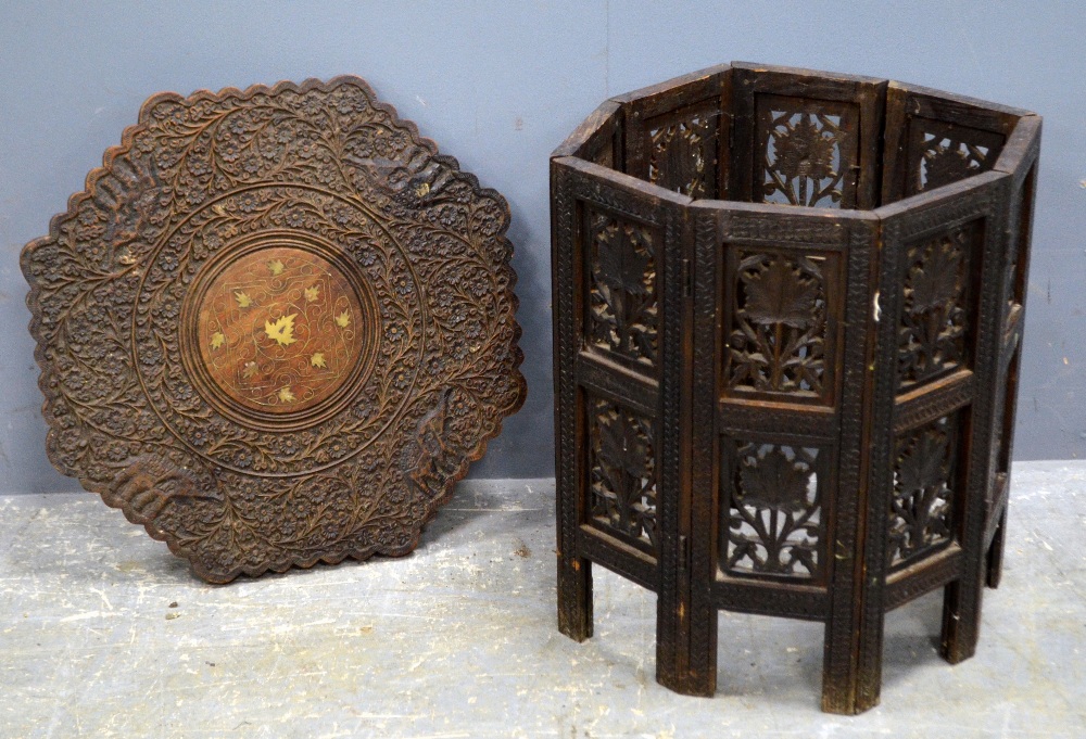 Indian carved benares table with brass inlay decoration to top