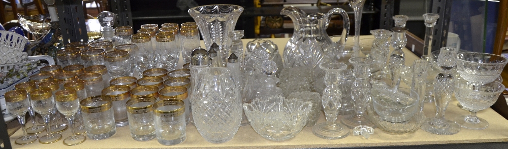 Part suite of table glass with gilt rims, and a quantity of cut and other glassware. (Two Shelves) - Image 2 of 2