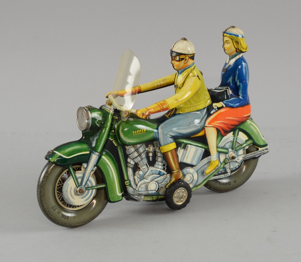 Tippco, Germany , tinplate, 1950s Harley Davidson friction driven motorcycle with rider and - Image 2 of 4