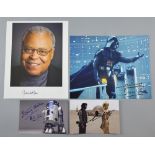 Star Wars, Four signed promotional photographs of George Lucas, Kenny Baker, Dave Prowse & James