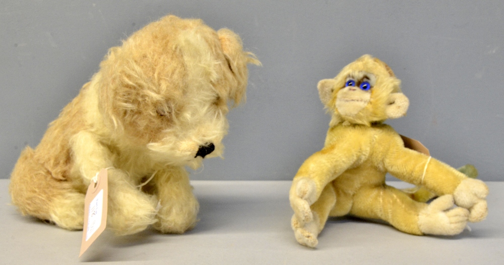 Mohair monkey in the style of Steiff Mungo and a plush dog,