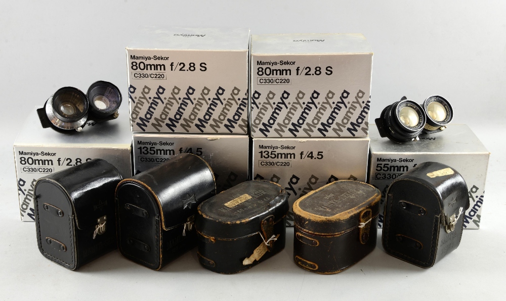 Mamiya, ten various twin reflex lenses including 135mm f4.5 & 55mm f4.5, all boxed.Provenance: