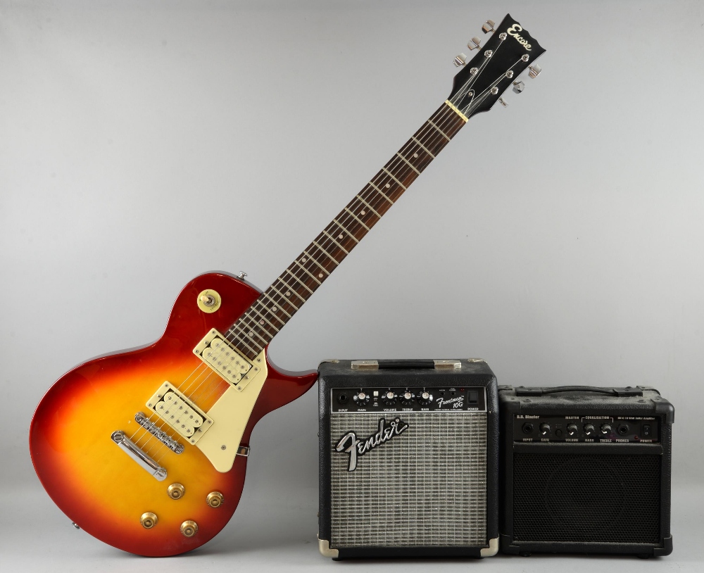 Encore Electric guitar, Fender Frontman 10G amp, B.B. Blaster amp, carry case, tuner & other