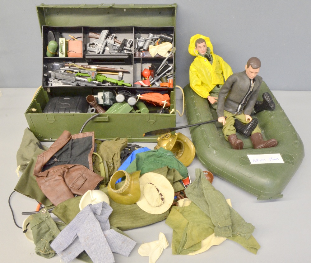Two action man figures, an RIB and an assortment of frogman equipment, clothing and weapons,