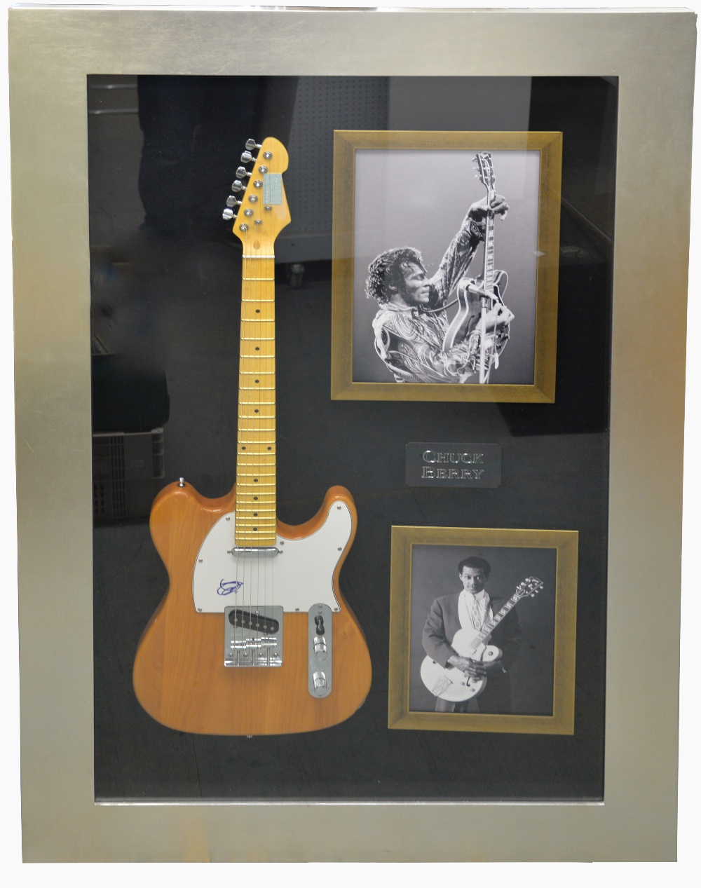 Chuck Berry signed guitar, mounted & framed in display case with photographs, 47 x 28