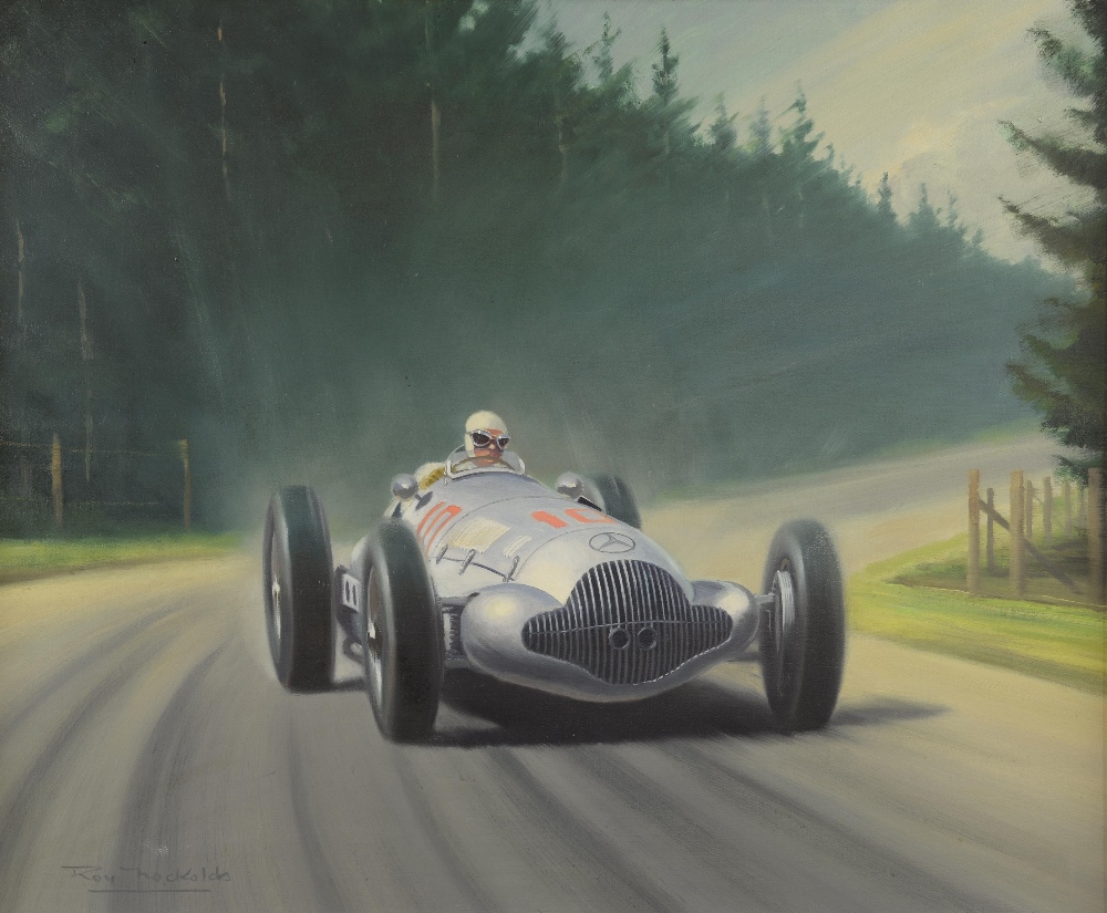 Roy Nockolds (British, 1911 - 1979). R. Caracciola driving a Mercedes at  the Nurburg ring in the