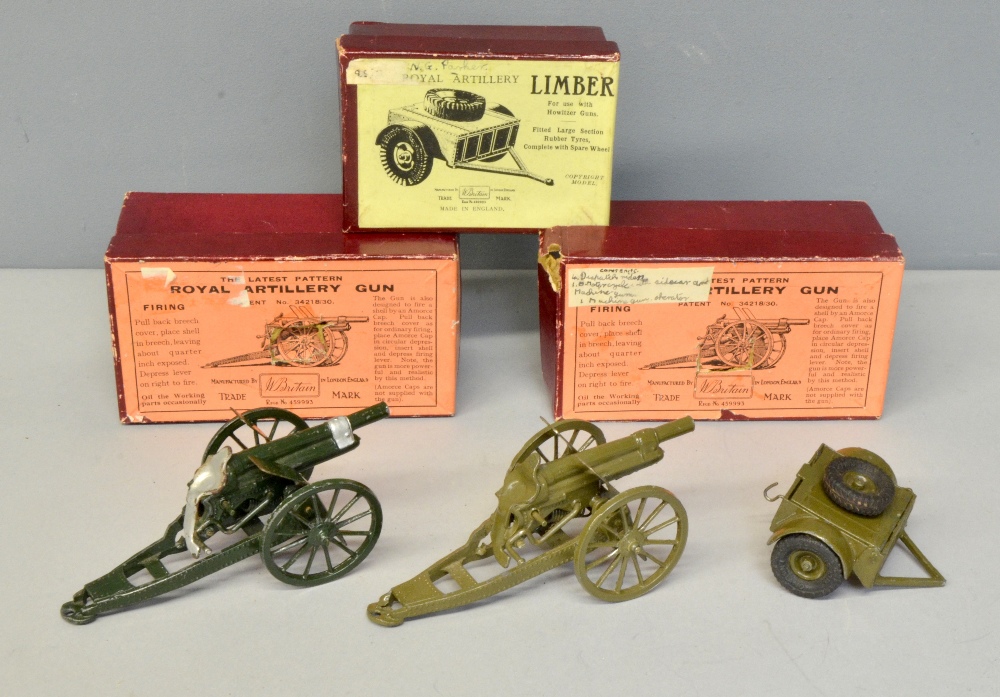 Britains Limber No 1726 boxed and Two Royal Artillery guns No 1201, both boxed,