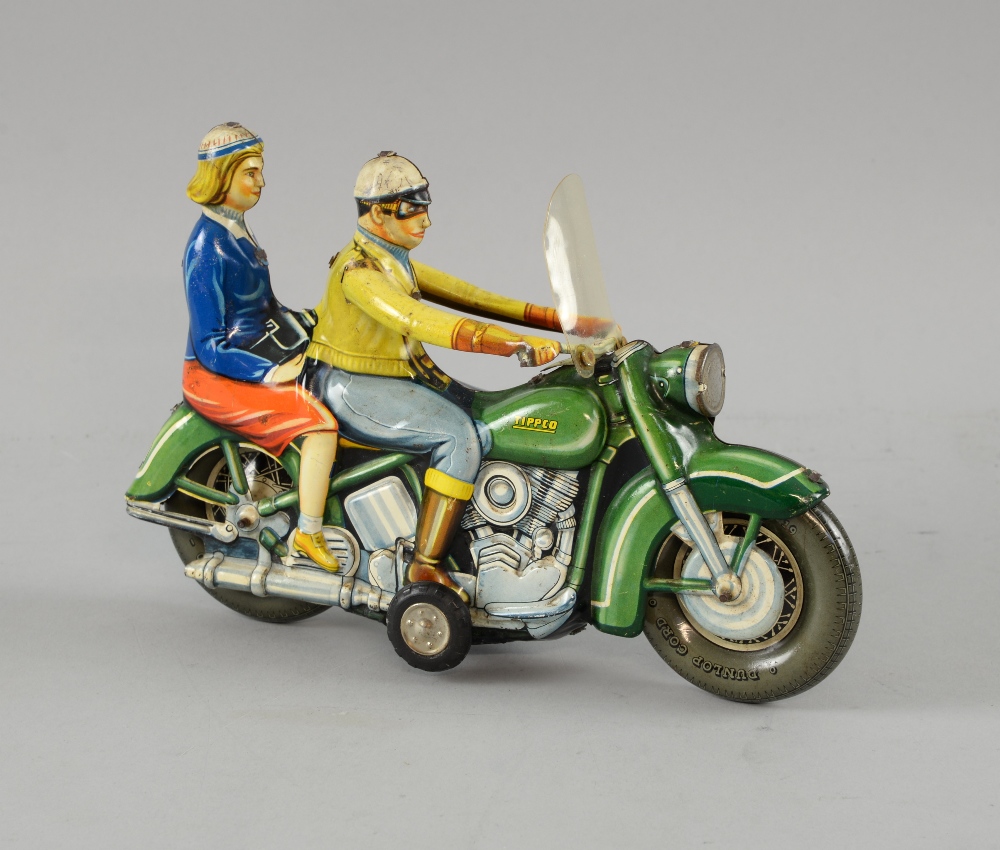 Tippco, Germany , tinplate, 1950s Harley Davidson friction driven motorcycle with rider and