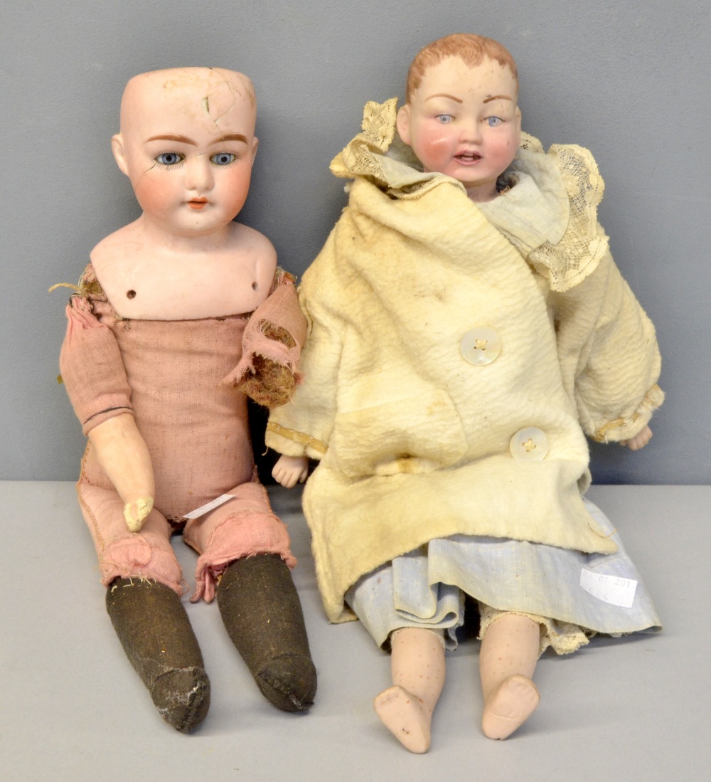 H & L No 2, English bisque headed doll, cloth body with bisque hands and feet 40cm, and a Alama