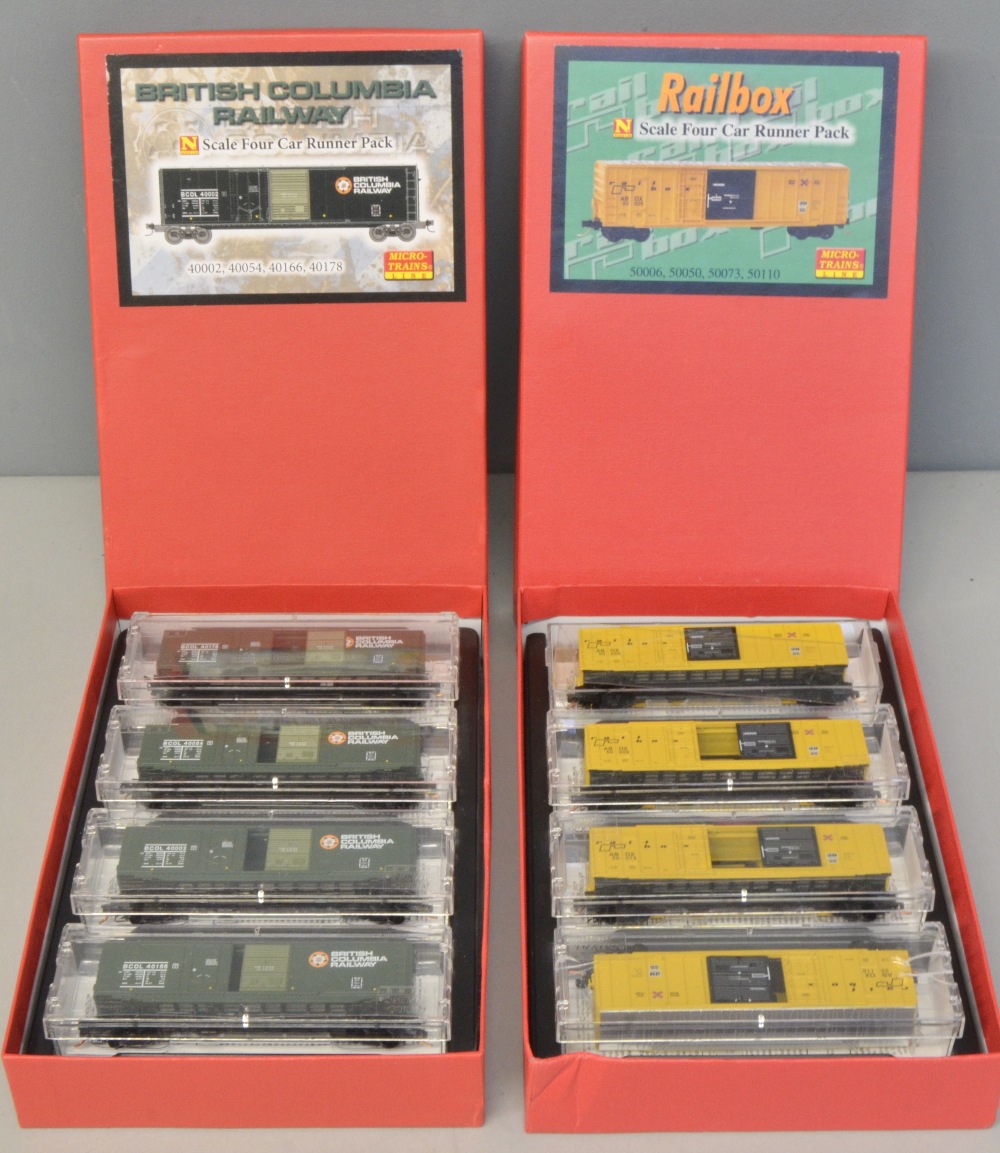 Micro Trains, N Gauge, two scale four car runner packs, No 4402, 40054, 40166 40178 and 50006,