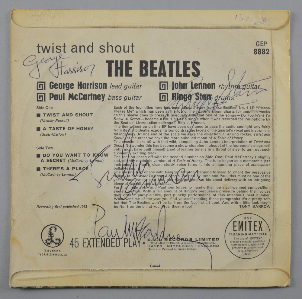 The Beatles Twist and Shout EP, 1963, signed on the verso in black pen by all four, John Lennon,