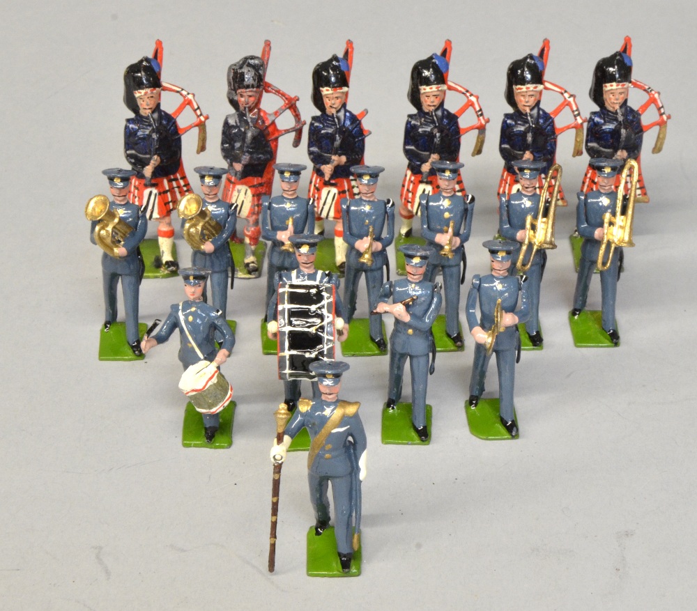 Britains band figures, (12), and Highland pipers, (6),