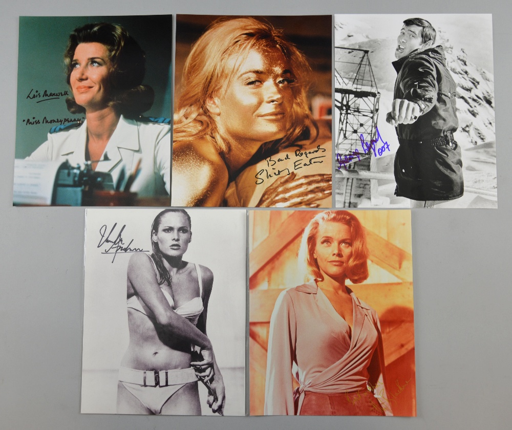 James Bond, Five signed 10 x 8 promotional photographs including George Lazenby, Shirley Eaton, Lois