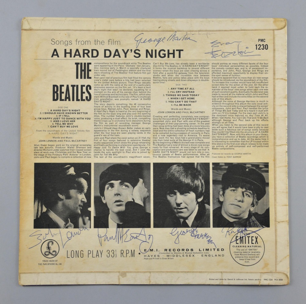 The Beatles A Hard Day's Night Vinyl LP cover signed on the back by John Lennon, Paul McCartney,