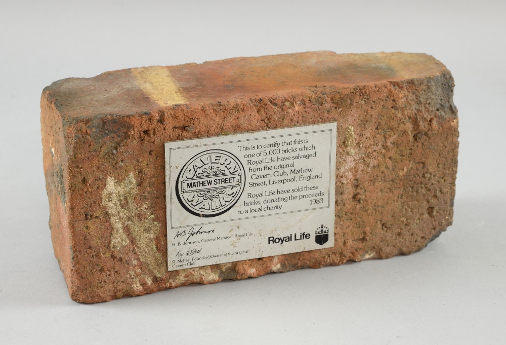 The Beatles, an original brick from The Cavern Club in Liverpool with Royal Life plaque which