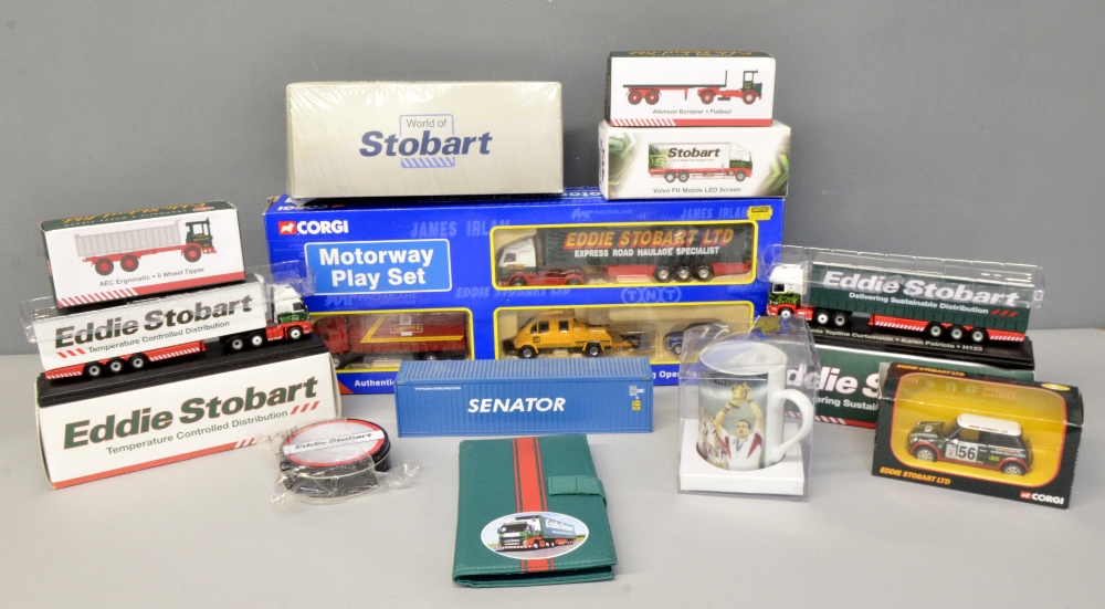 A collection of items items including Eddie Stobart die-cast models, volvo FH fridge trailer, a