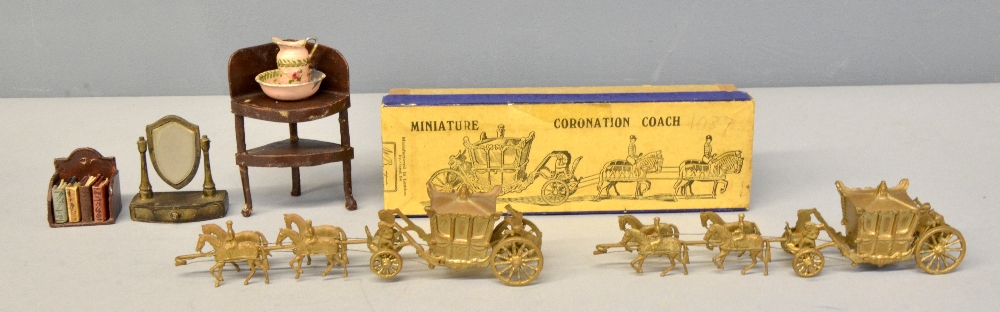 Britains, miniature coronation coach, boxed, and another un-boxed and three pieces of dolls house