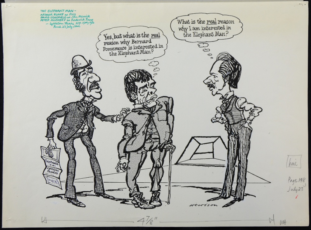 William Bill Hewison, original cartoon, the elephant man, Lyttleton Theatre, Arthur Blake, David