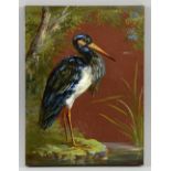 Minton tile with handpainted decoration of a  stork, monogrammed AJS,  20 cm x 15 cm
