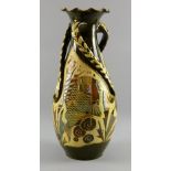 Alexander Lauder Barum pottery, large vase with twisted handles, incised decoration of fish,