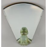 Art Deco fan shaped mirror with a green painted metal bust at the base. 41 cm High, 29.5 cm Wide