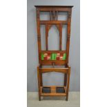 Arts and crafts oak hall stand  back inset with two tiles on square feet