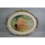 F Condomines watercolour depicting a naked lady leaning and drinking from a pool of water, oval,