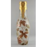 Large glass vase with Art Nouveau decoration, relief cut top in burnished gold and silver, enamel