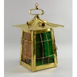 Brass lantern form ceiling light,  with glass in four colours, C 1910 , height 39 cm