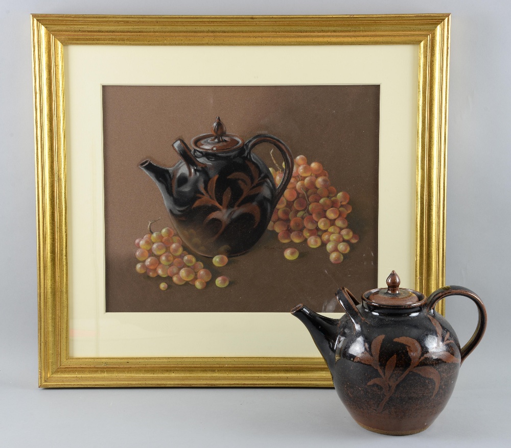 Elizabeth Hazelwood, tea pot with grapes, signed, watercolour, 30cm x 38cm,  sold with the tea pot