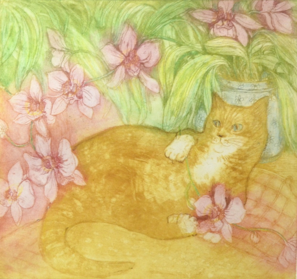 Dorothy Lloyd Griffiths (British, 20th Century). 'Cat With Orchids', limited edition etching,