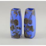 A pair of glass vases with silver overlay, clear cased blue glass with  Art Nouveau design of