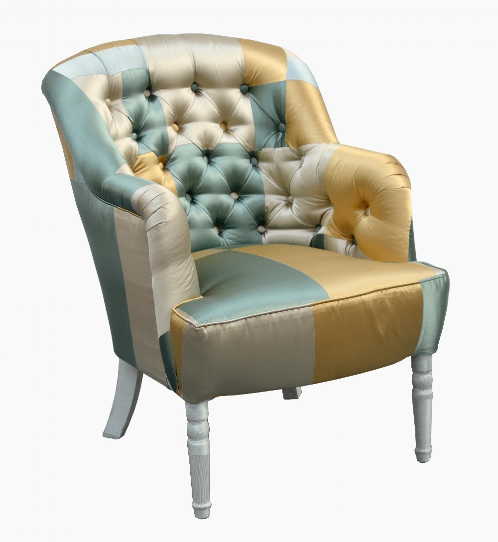 Squint silk patchwork button-back armchair in green and goldNote: VAT payable on the hammer price