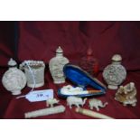 Oriental carved & pierced bucket together with 4 suff bottles and 1 small pipe & 6 other items.