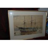 20th Century watercolour depicting a 3 Masted Ship moored ,