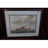 An original water colour by John J Kerr 1990 'St Mary's Lighthouse'. 28x38cm.