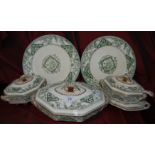 Late victorian green & white transfer printed dinner set Lincoln pattern by Till & Son (39 pieces).