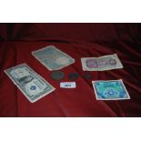 Coins & Bank Notes to include '1935- Crown , 1917- 2 Francs, 1935- Six pence ,