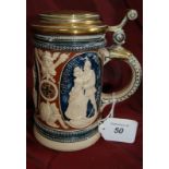 Antique German beer stein with brass lid dated 1890-1893 (7 1/2" approx makers mark impressed on