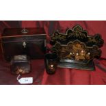 19th Century Mahog/Tea Caddy Box Together with a Japanese Black Laquered Letter Rack Depicting