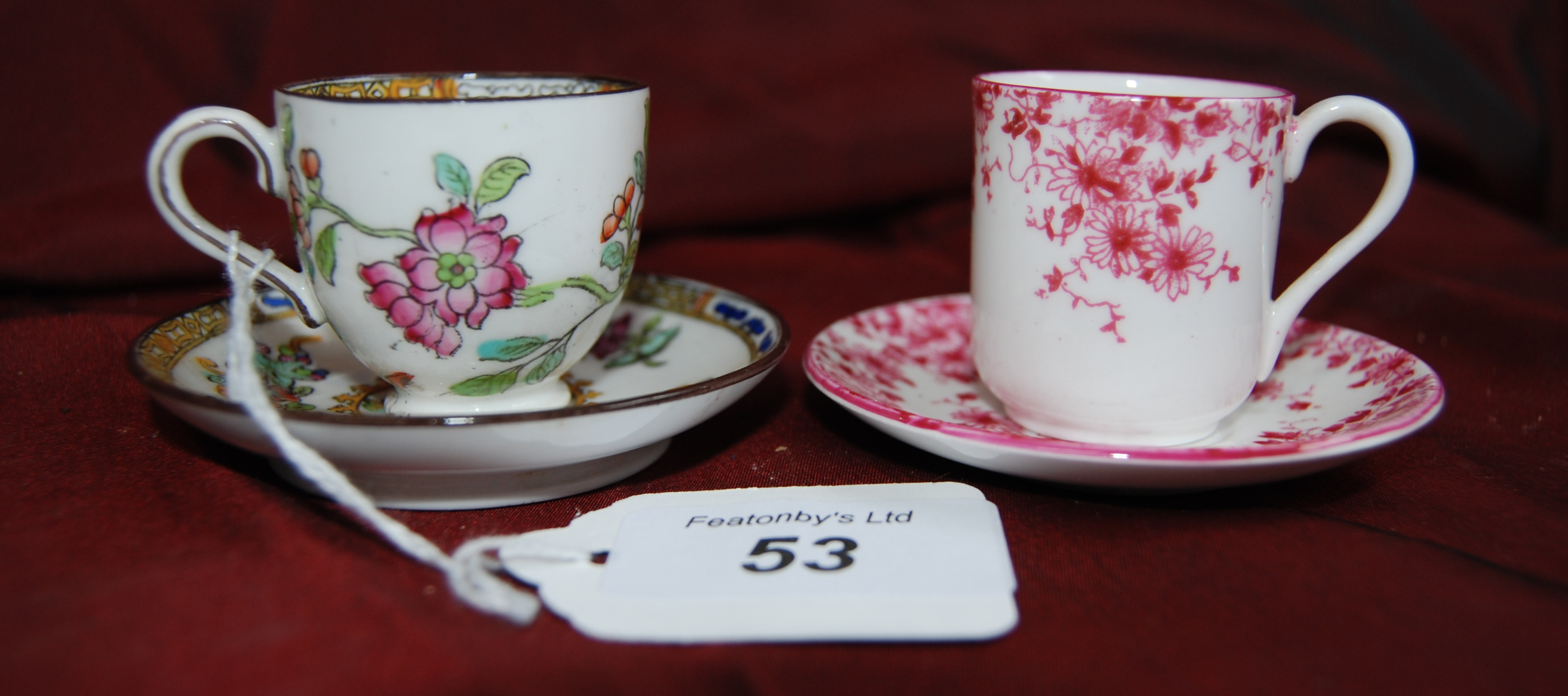 2 miniature cups & saucers by makers Spode, Copelands china & the other by Shelley china,