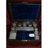 Victorian gentlemans walnut veneered travel toiletry box fitted with secret drawer & shaving mirror.