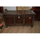 18th Century Welsh 3 Paneled Carved Oak Coffer (137cm.