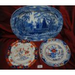 Victorian Transfer blue & white Meat Plate , 2 Victoriam Mason's Ironstone China plates,