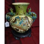 Brannams studio pottery vase decorated both sides with panels depicting fish & 2 applied handles in